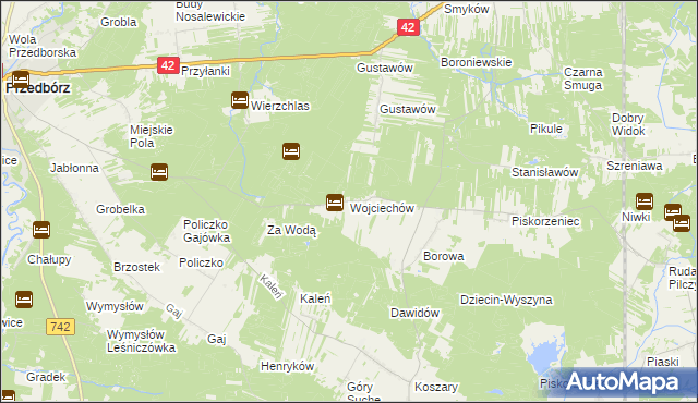 mapa Wojciechów gmina Przedbórz, Wojciechów gmina Przedbórz na mapie Targeo