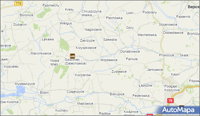 mapa Wojsławice gmina Kazimierza Wielka, Wojsławice gmina Kazimierza Wielka na mapie Targeo