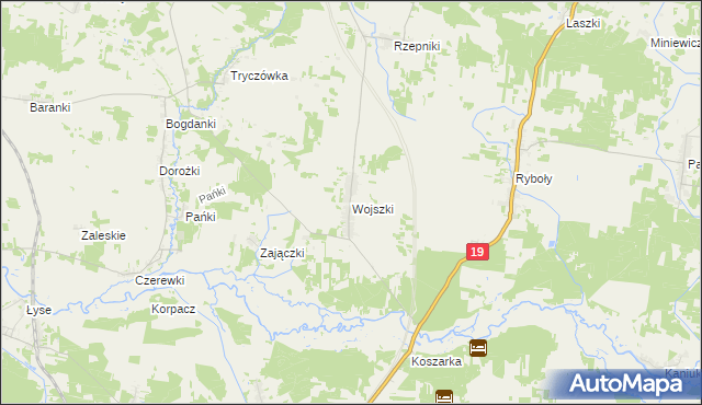 mapa Wojszki gmina Juchnowiec Kościelny, Wojszki gmina Juchnowiec Kościelny na mapie Targeo