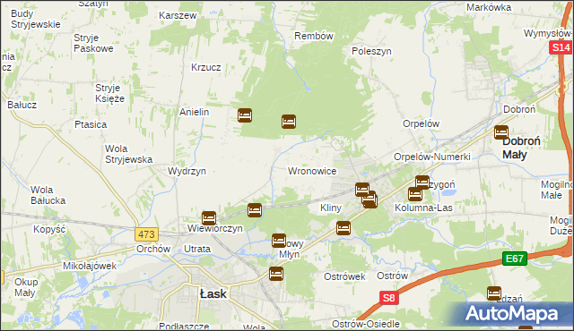 mapa Wronowice gmina Łask, Wronowice gmina Łask na mapie Targeo