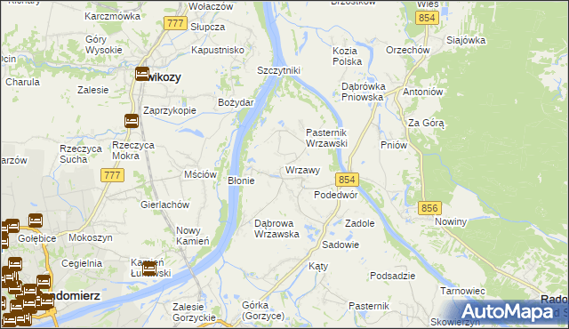 mapa Wrzawy gmina Gorzyce, Wrzawy gmina Gorzyce na mapie Targeo