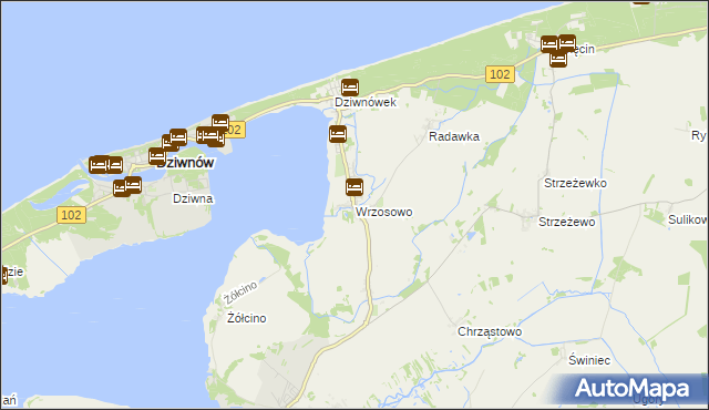 mapa Wrzosowo gmina Kamień Pomorski, Wrzosowo gmina Kamień Pomorski na mapie Targeo