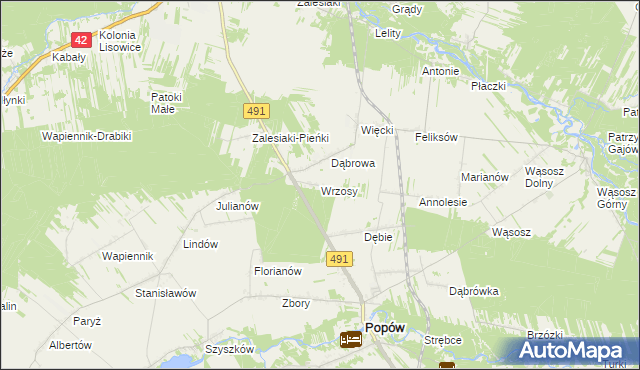 mapa Wrzosy gmina Popów, Wrzosy gmina Popów na mapie Targeo