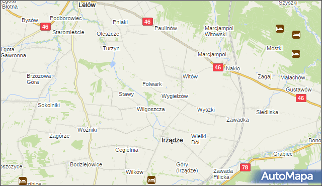 mapa Wygiełzów gmina Irządze, Wygiełzów gmina Irządze na mapie Targeo