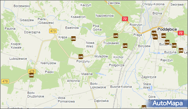 mapa Wylazłów gmina Poddębice, Wylazłów gmina Poddębice na mapie Targeo