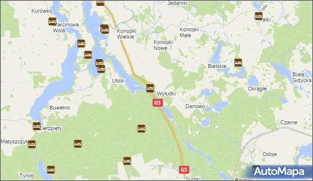 mapa Wyłudki gmina Miłki, Wyłudki gmina Miłki na mapie Targeo