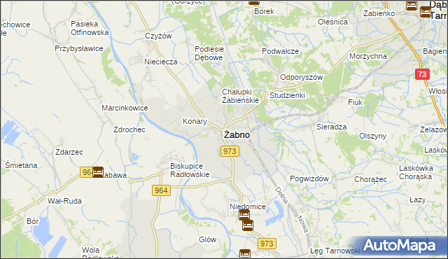 mapa Żabno powiat tarnowski, Żabno powiat tarnowski na mapie Targeo