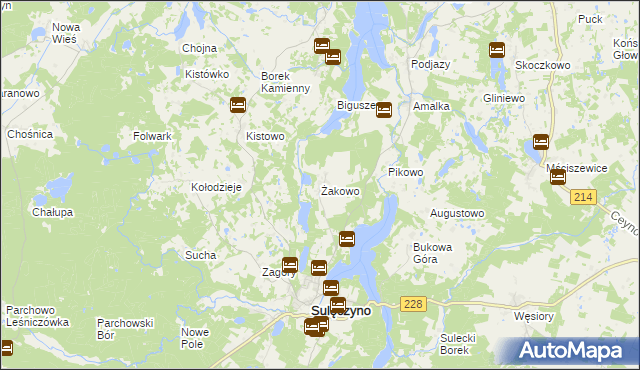 mapa Żakowo gmina Sulęczyno, Żakowo gmina Sulęczyno na mapie Targeo