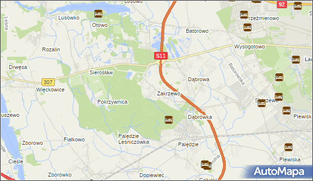 mapa Zakrzewo gmina Dopiewo, Zakrzewo gmina Dopiewo na mapie Targeo