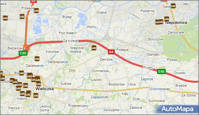 mapa Zakrzów gmina Niepołomice, Zakrzów gmina Niepołomice na mapie Targeo