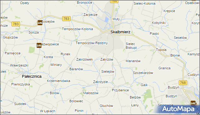 mapa Zakrzów gmina Skalbmierz, Zakrzów gmina Skalbmierz na mapie Targeo