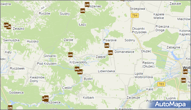 mapa Załęże gmina Wolbrom, Załęże gmina Wolbrom na mapie Targeo