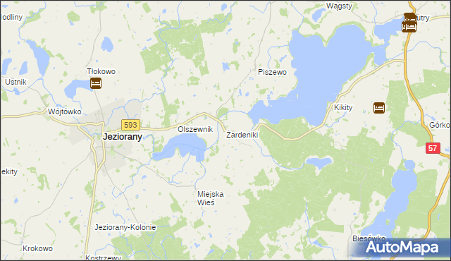 mapa Żardeniki gmina Jeziorany, Żardeniki gmina Jeziorany na mapie Targeo