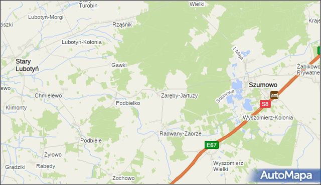 mapa Zaręby-Jartuzy, Zaręby-Jartuzy na mapie Targeo