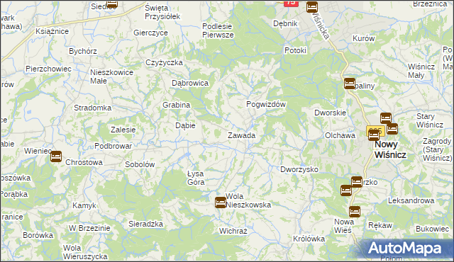 mapa Zawada gmina Bochnia, Zawada gmina Bochnia na mapie Targeo