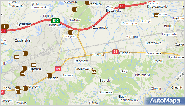 mapa Zawada gmina Dębica, Zawada gmina Dębica na mapie Targeo
