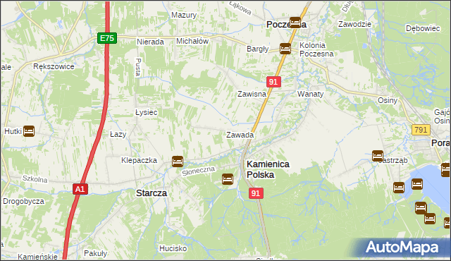 mapa Zawada gmina Kamienica Polska, Zawada gmina Kamienica Polska na mapie Targeo