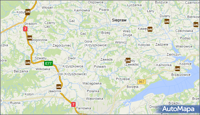 mapa Zawada gmina Myślenice, Zawada gmina Myślenice na mapie Targeo