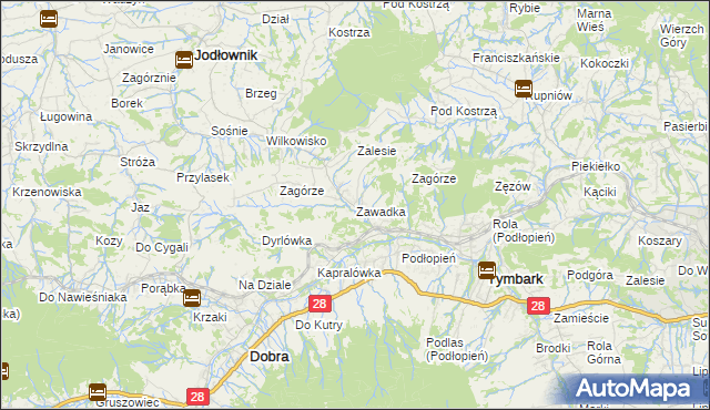 mapa Zawadka gmina Tymbark, Zawadka gmina Tymbark na mapie Targeo