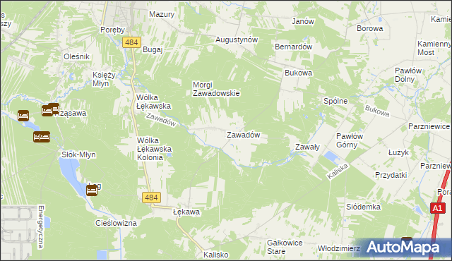 mapa Zawadów gmina Bełchatów, Zawadów gmina Bełchatów na mapie Targeo