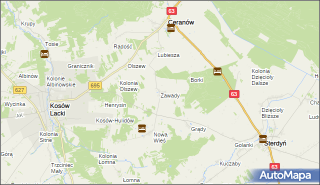 mapa Zawady gmina Ceranów, Zawady gmina Ceranów na mapie Targeo