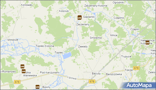 mapa Zawady gmina Turośń Kościelna, Zawady gmina Turośń Kościelna na mapie Targeo