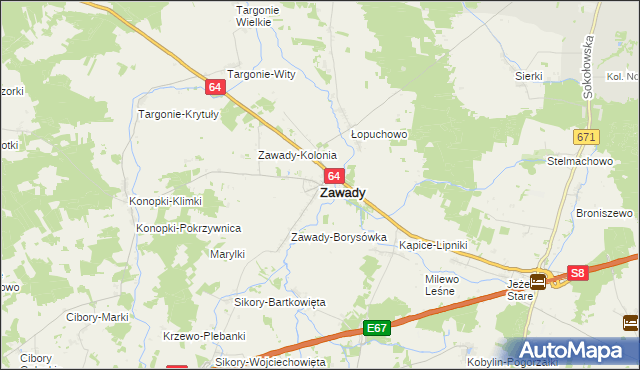 mapa Zawady powiat białostocki, Zawady powiat białostocki na mapie Targeo