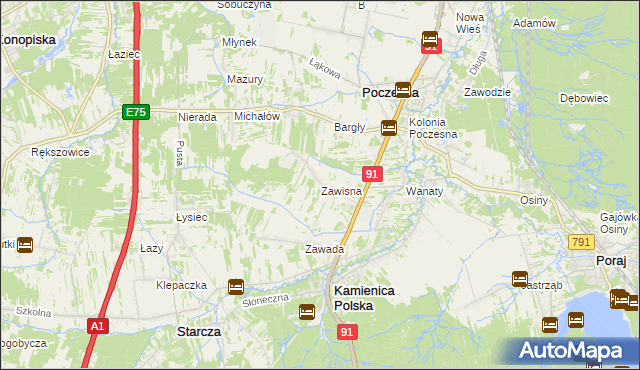 mapa Zawisna gmina Kamienica Polska, Zawisna gmina Kamienica Polska na mapie Targeo