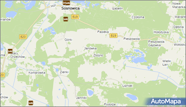 mapa Zbójno gmina Sosnowica, Zbójno gmina Sosnowica na mapie Targeo