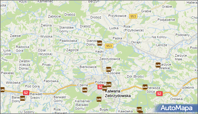 mapa Zebrzydowice gmina Kalwaria Zebrzydowska, Zebrzydowice gmina Kalwaria Zebrzydowska na mapie Targeo