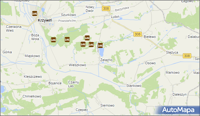 mapa Żelazno gmina Krzywiń, Żelazno gmina Krzywiń na mapie Targeo