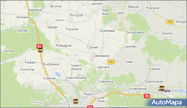 mapa Żelisławice gmina Siewierz, Żelisławice gmina Siewierz na mapie Targeo