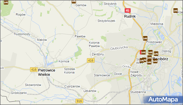 mapa Żerdziny gmina Pietrowice Wielkie, Żerdziny gmina Pietrowice Wielkie na mapie Targeo