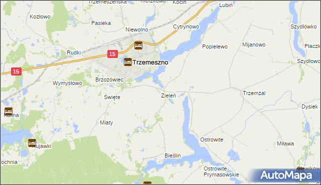 mapa Zieleń gmina Trzemeszno, Zieleń gmina Trzemeszno na mapie Targeo