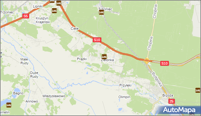 mapa Zielonka gmina Białe Błota, Zielonka gmina Białe Błota na mapie Targeo