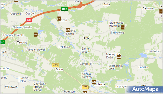 mapa Zimne Wody gmina Dobroń, Zimne Wody gmina Dobroń na mapie Targeo