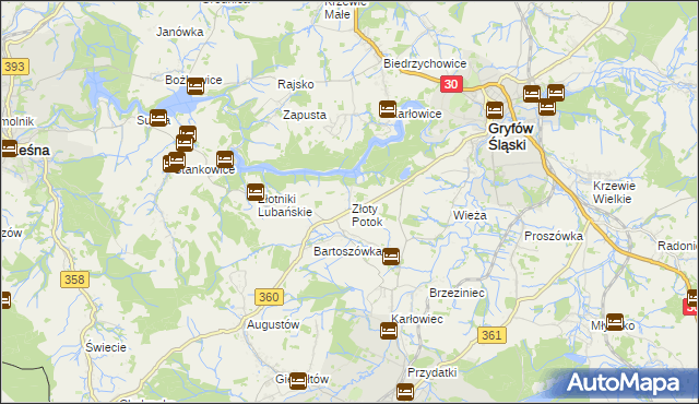 mapa Złoty Potok gmina Leśna, Złoty Potok gmina Leśna na mapie Targeo