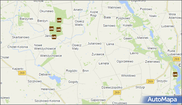 mapa Żurawice gmina Boniewo, Żurawice gmina Boniewo na mapie Targeo