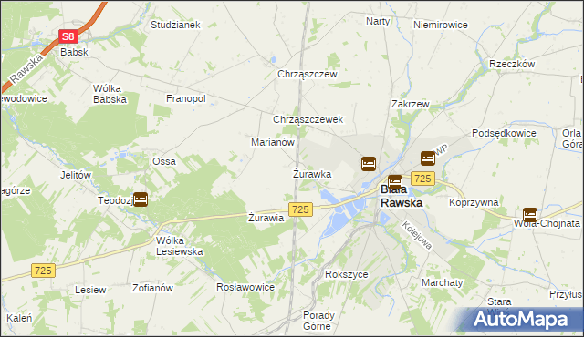 mapa Żurawka gmina Biała Rawska, Żurawka gmina Biała Rawska na mapie Targeo