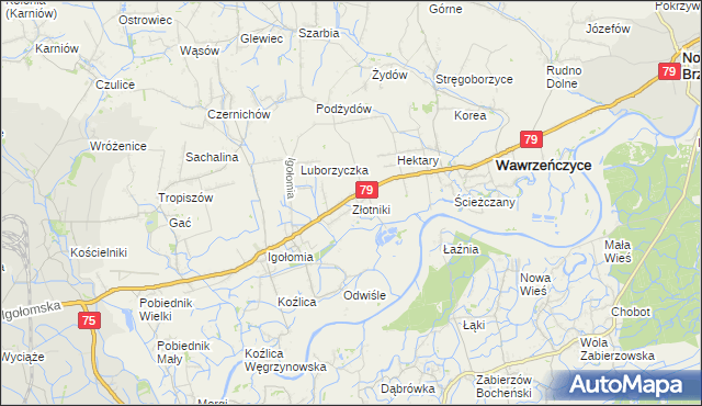 mapa Złotniki gmina Igołomia-Wawrzeńczyce, Złotniki gmina Igołomia-Wawrzeńczyce na mapie Targeo