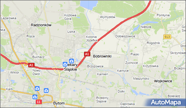 mapa Bobrowniki powiat będziński, Bobrowniki powiat będziński na mapie Targeo