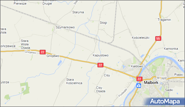 mapa Kapustowo gmina Malbork, Kapustowo gmina Malbork na mapie Targeo