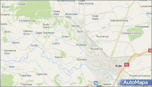 mapa Podlesie gmina Koło, Podlesie gmina Koło na mapie Targeo