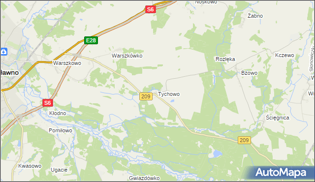 mapa Tychowo gmina Sławno, Tychowo gmina Sławno na mapie Targeo