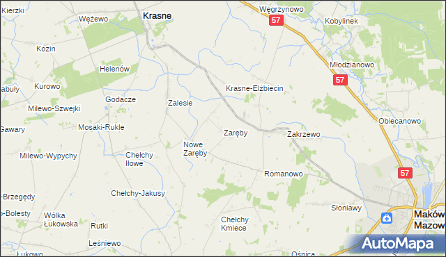 mapa Zaręby gmina Karniewo, Zaręby gmina Karniewo na mapie Targeo