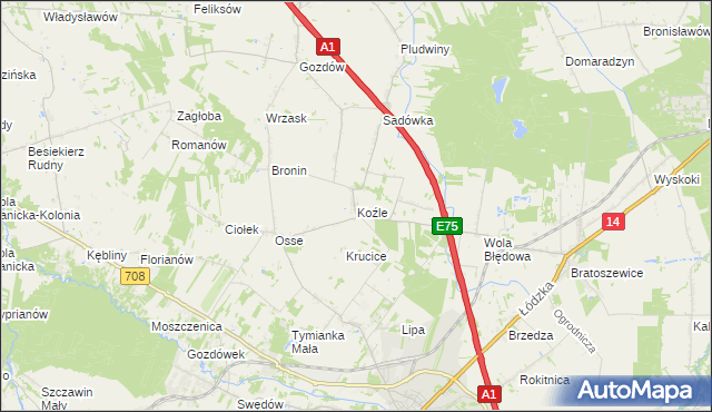 mapa Koźle gmina Stryków, Koźle gmina Stryków na mapie Targeo