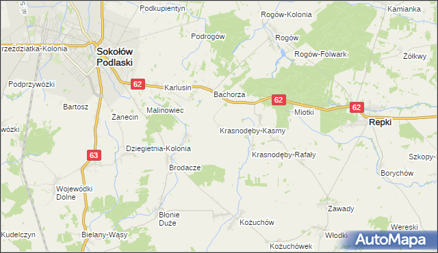 mapa Krasnodęby-Kasmy, Krasnodęby-Kasmy na mapie Targeo