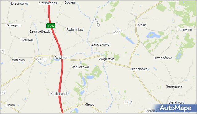 mapa Węgorzyn gmina Ryńsk, Węgorzyn gmina Ryńsk na mapie Targeo