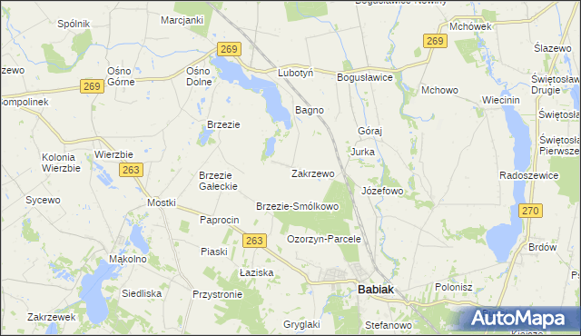 mapa Zakrzewo gmina Babiak, Zakrzewo gmina Babiak na mapie Targeo