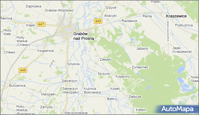 mapa Zawady gmina Grabów nad Prosną, Zawady gmina Grabów nad Prosną na mapie Targeo
